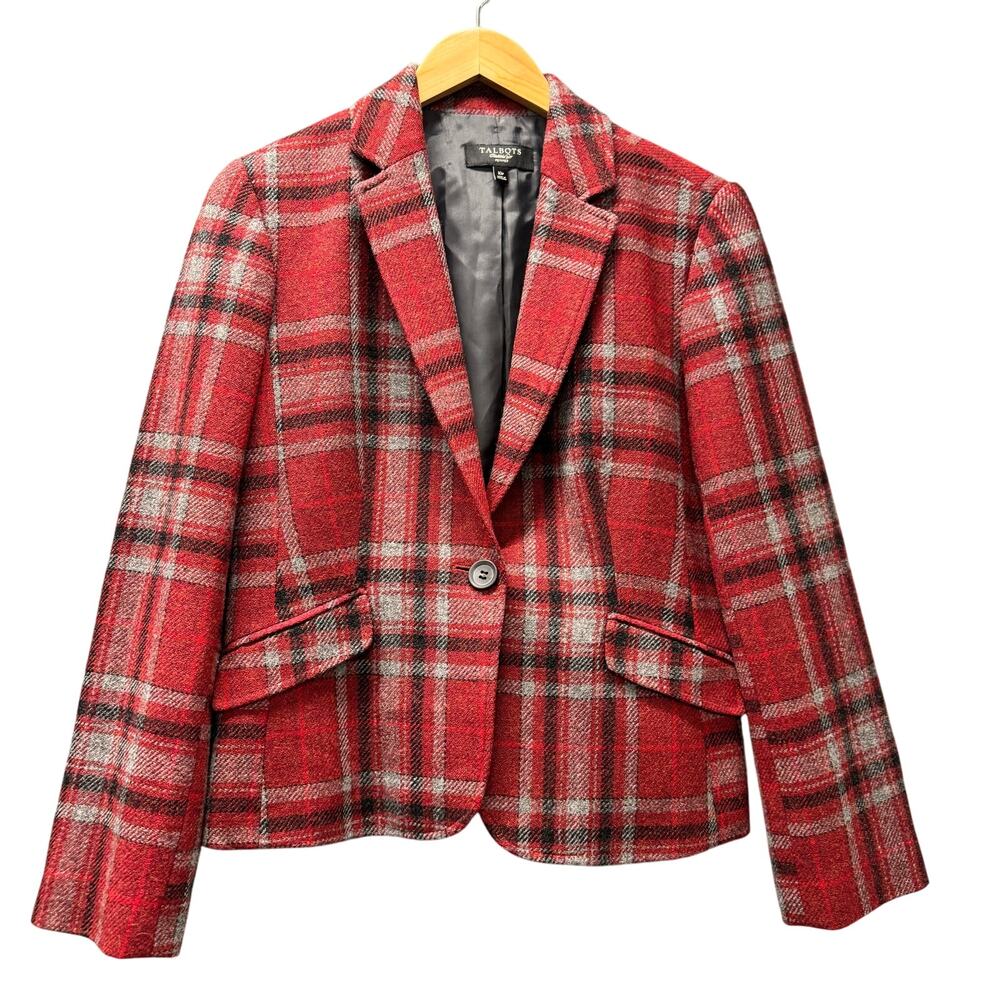 Talbots Blazer Womens 10P Petite 10 Red Gray Wool Blend Classic Short Jacket